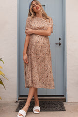 Beige Floral Pleated Short Sleeve Chiffon Maternity Midi Dress