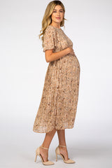 Beige Floral Pleated Short Sleeve Chiffon Maternity Midi Dress