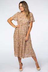 Beige Floral Pleated Short Sleeve Chiffon Maternity Midi Dress