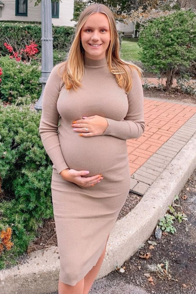 Taupe Ribbed Fitted Mock Neck Long Sleeve Maternity Midi Dress