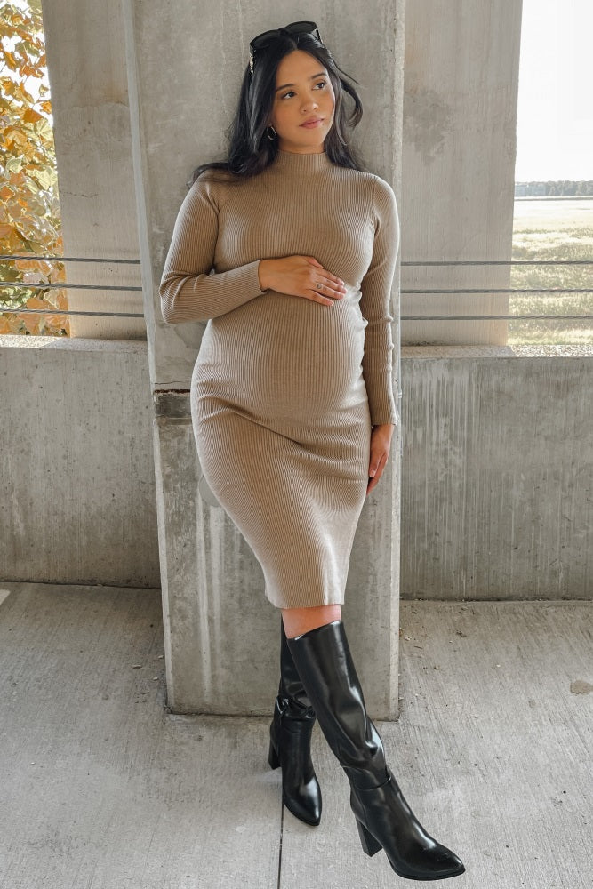 Taupe Ribbed Fitted Mock Neck Long Sleeve Maternity Midi Dress