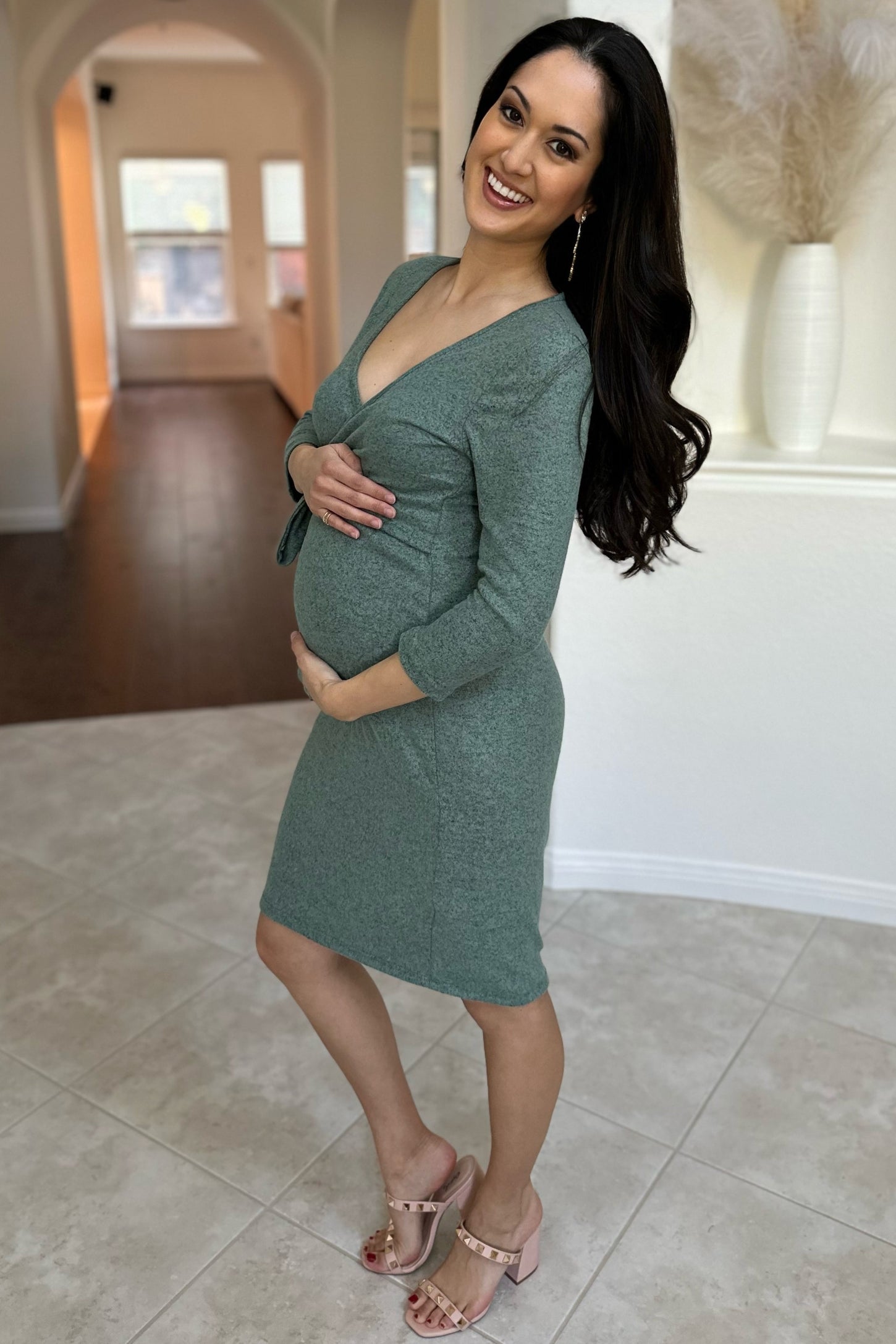 Green Brushed Knit Wrap Fitted Maternity/Nursing Dress