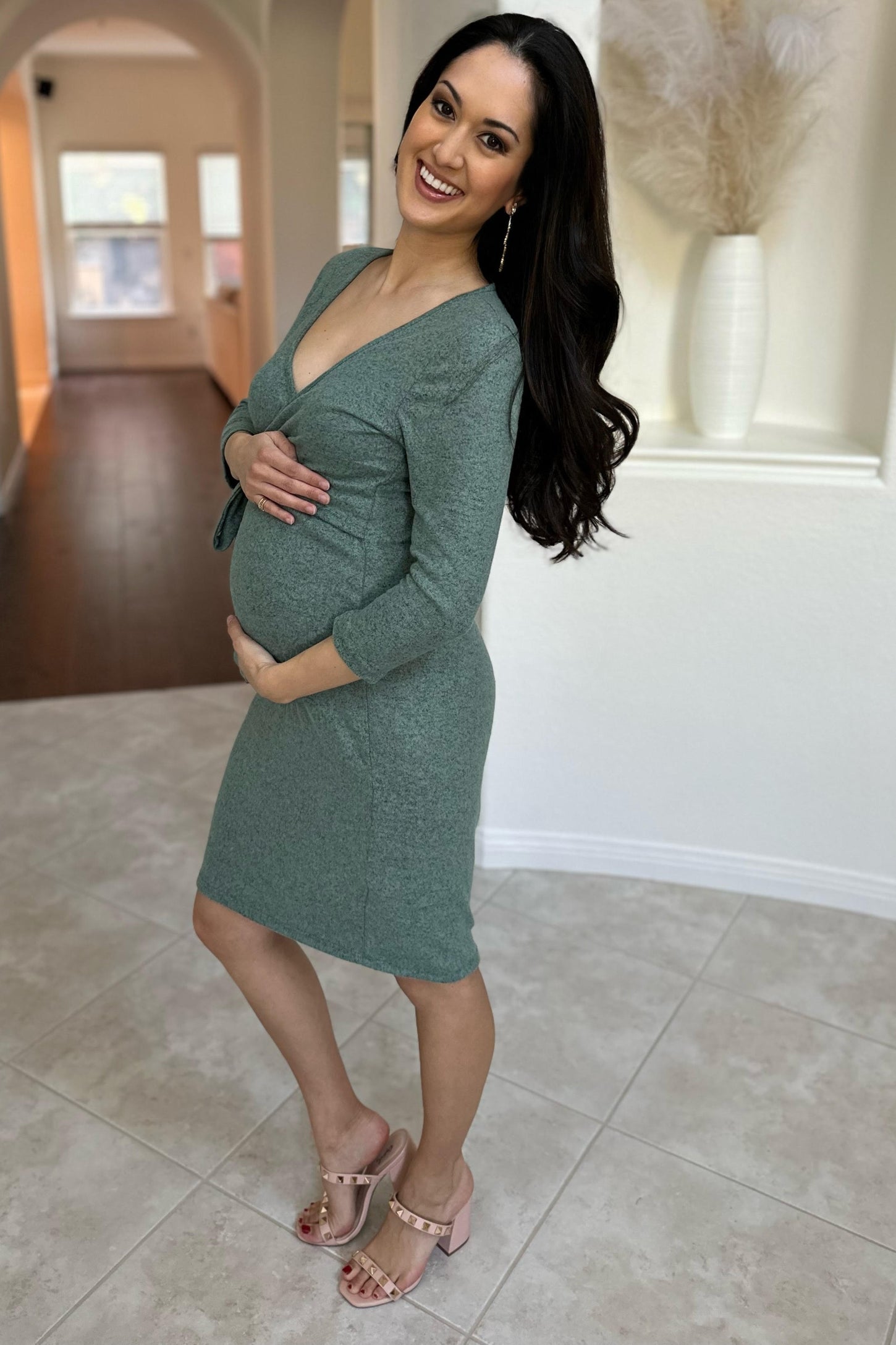 Green Brushed Knit Wrap Fitted Maternity/Nursing Dress