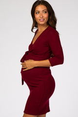 Burgundy Brushed Knit Wrap Fitted Maternity/Nursing Dress