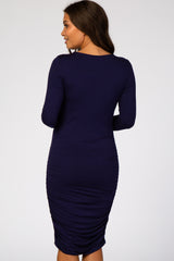 Navy Blue Ruched Fitted Front Bow Maternity/Nursing Dress