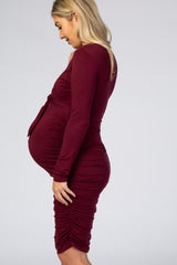 Burgundy Ruched Fitted Front Bow Maternity/Nursing Dress