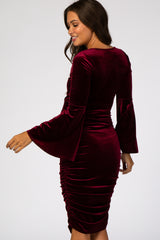 Burgundy Velvet Ruched Bell Sleeve Maternity Dress