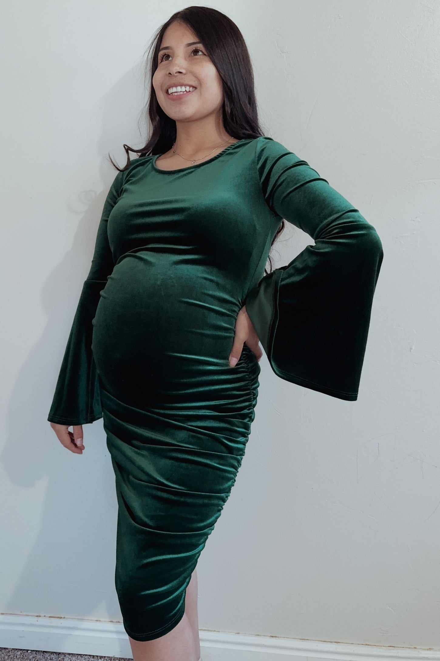 Forest Green Velvet Ruched Bell Sleeve Maternity Dress