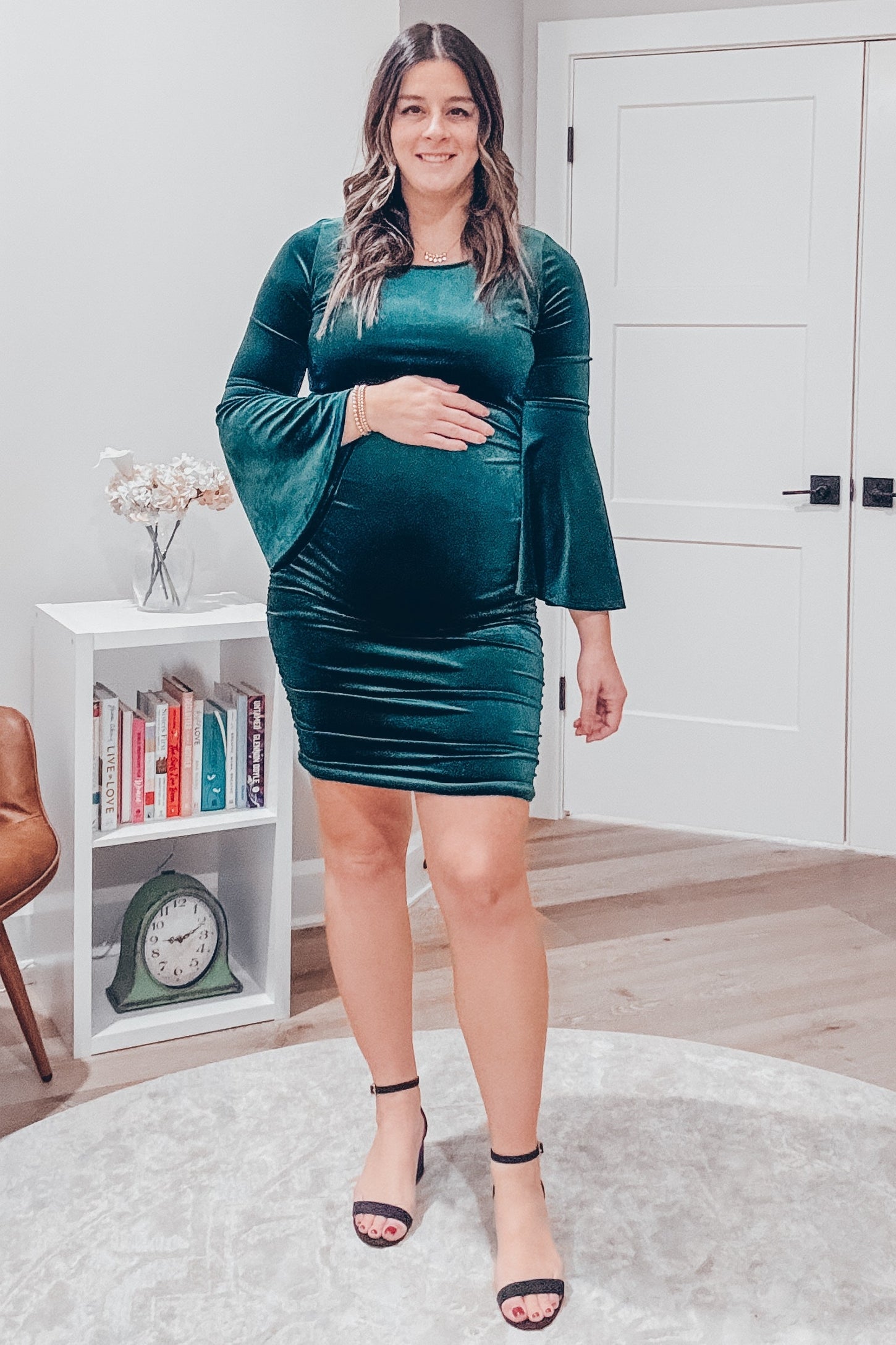 Forest Green Velvet Ruched Bell Sleeve Maternity Dress