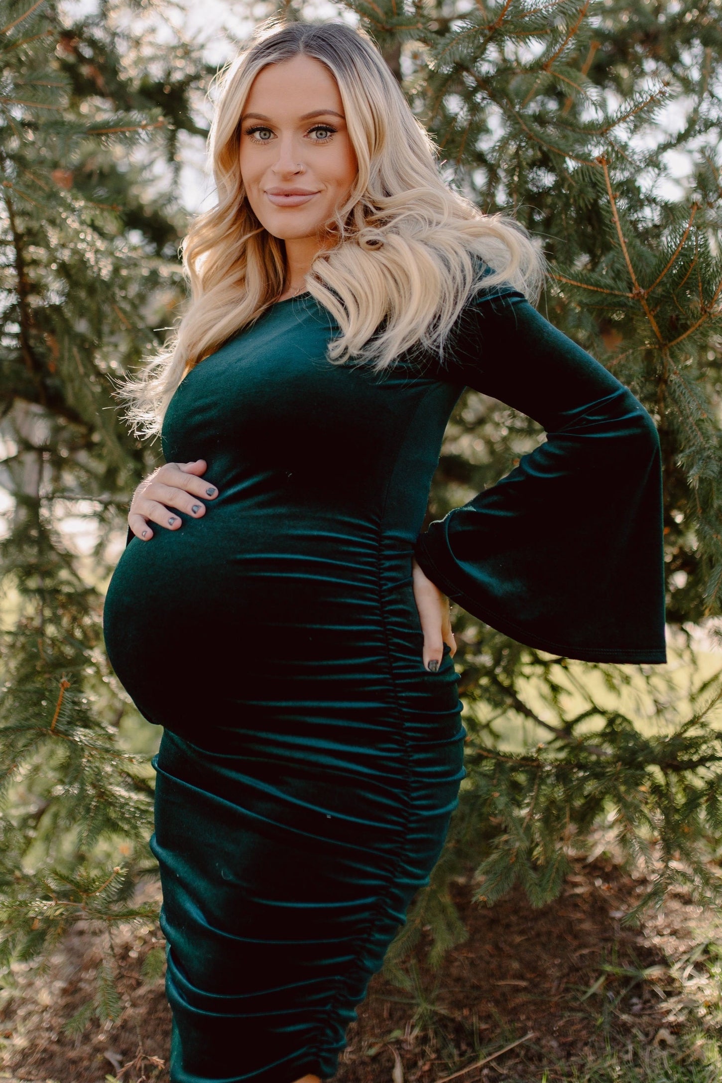 Forest Green Velvet Ruched Bell Sleeve Maternity Dress