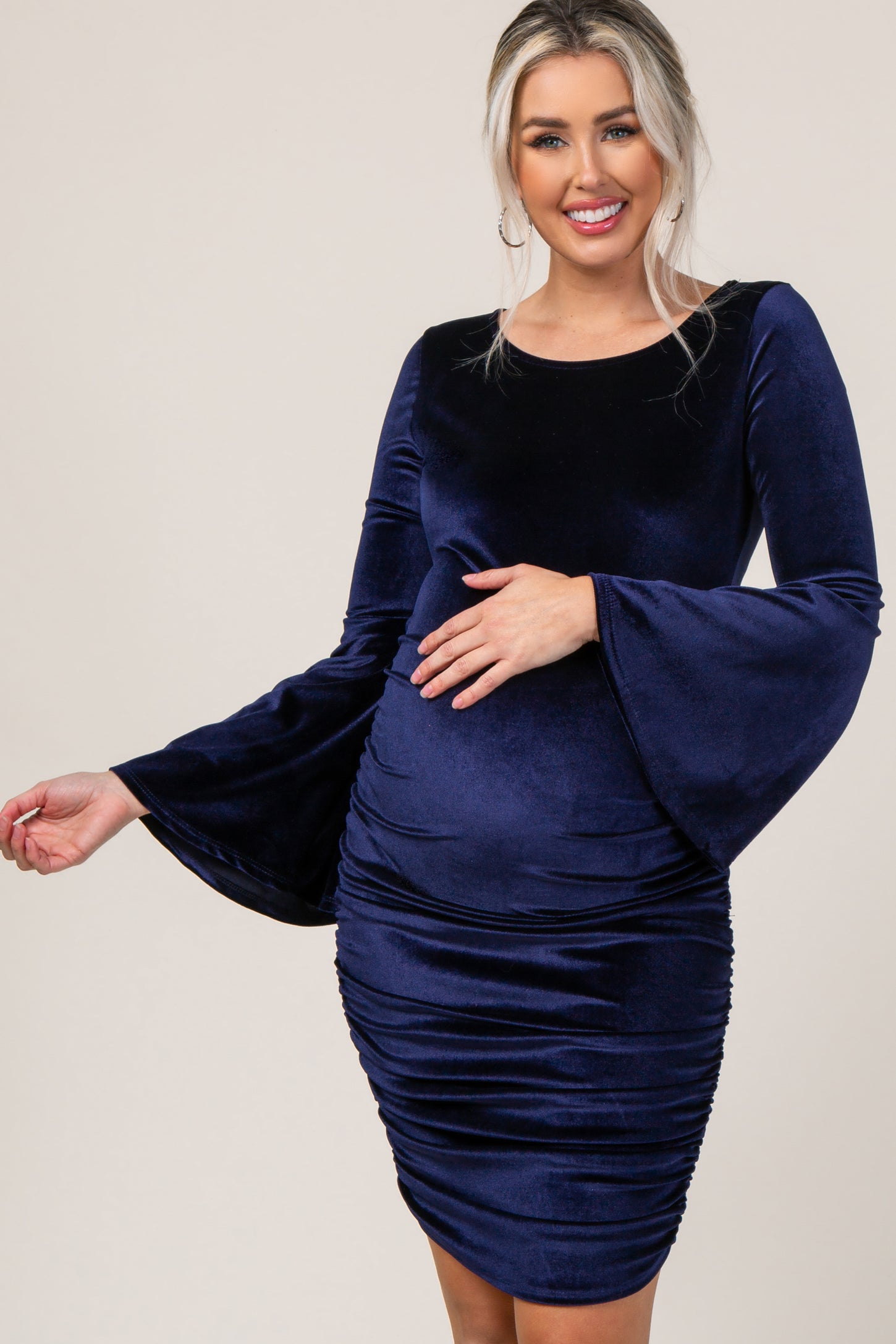 Navy Blue Velvet Ruched Bell Sleeve Maternity Dress