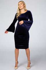 Navy Blue Velvet Ruched Bell Sleeve Maternity Dress