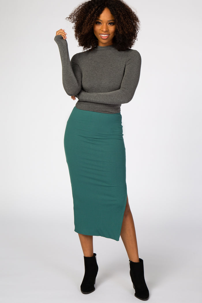 Emerald Green Ribbed Side Slit Maternity Midi Skirt