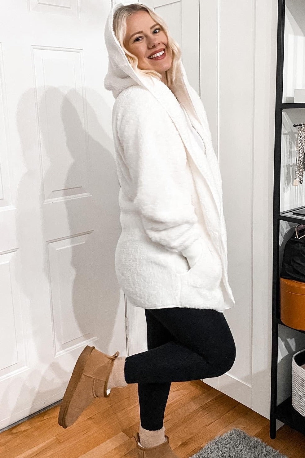 Ivory Fuzzy Hooded Long Sleeve Jacket