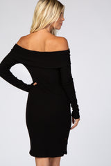 Black Soft Ribbed Folded Neck Off Shoulder Dress