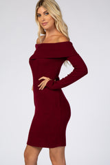 Burgundy Soft Ribbed Folded Neck Off Shoulder Dress