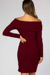 Burgundy Soft Ribbed Folded Neck Off Shoulder Maternity Dress