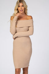 Mocha Soft Ribbed Folded Neck Off Shoulder Dress