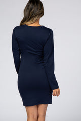 Navy Blue Long Sleeve Wrap Hem Fitted Dress