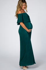 Forest Green Pleated Ruffle Off Shoulder Maternity Maxi Dress