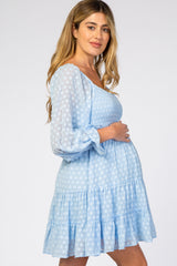 Light Blue Smocked Polka Dot Long Sleeve Maternity Dress