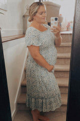 Light Blue Floral Ruffle Maternity Midi Dress