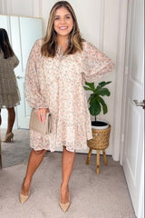 Cream Floral Chiffon Ruffle Hem Dress