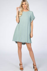 Mint Green Frayed Trim Back Keyhole Linen Maternity Dress
