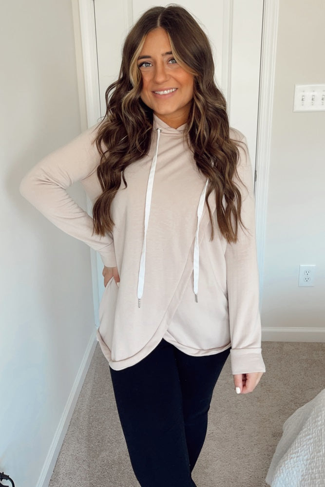 Light Taupe Layered Front Nursing Fleece Hoodie