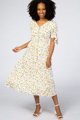 Ivory Floral Tie Sleeve Midi Dress