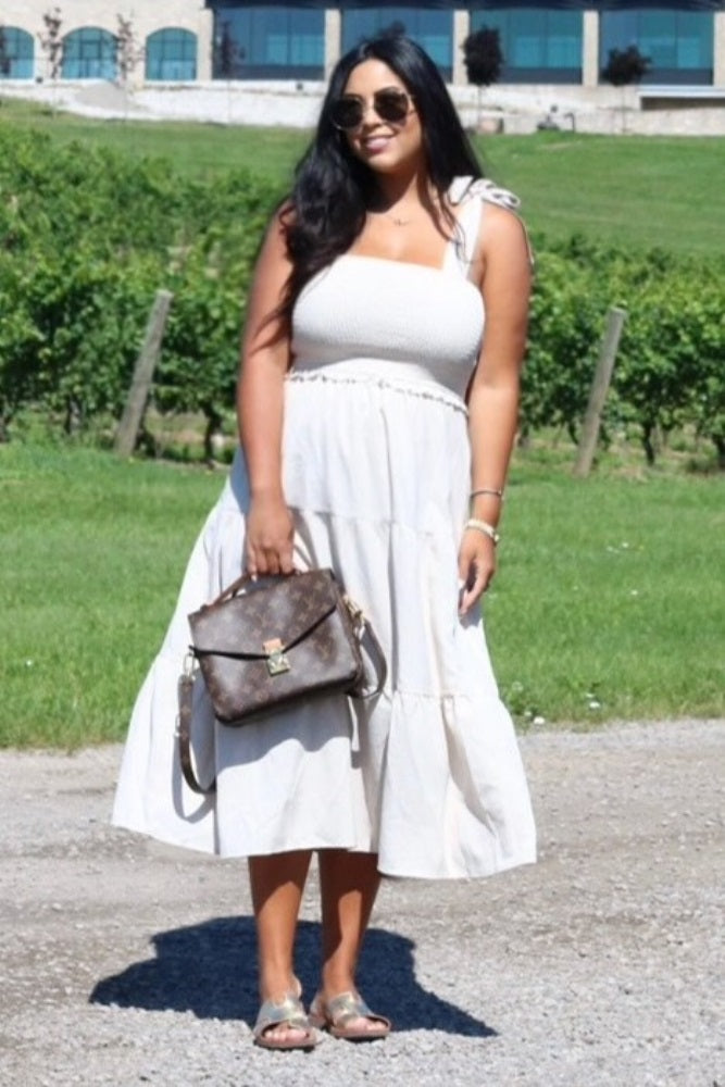 Beige Bow Strap Tiered Midi Dress