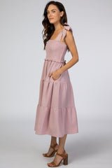 Mauve Bow Strap Tiered Midi Dress