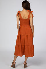 Rust Bow Strap Tiered Midi Dress