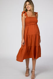 Rust Bow Strap Tiered Maternity Midi Dress