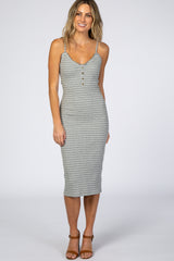 Heather Grey Striped Button Front Fitted Maternity Dress