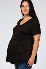 Black V-Neck Short Sleeve Maternity Plus Top