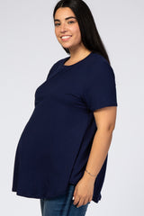 Navy Blue Round Hem Short Sleeve Maternity Plus Top