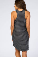 Black Striped Pocket Front Maternity Swing Dress