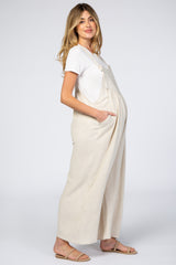 Beige Linen Maternity Overalls