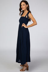 Navy Blue Smocked Tie Strap Midi Dress