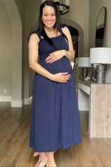 Navy Blue Smocked Tie Strap Maternity Midi Dress