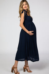 Navy Blue Smocked Tie Strap Maternity Midi Dress