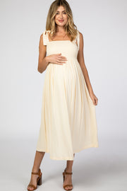 Beige Smocked Tie Strap Maternity Midi Dress