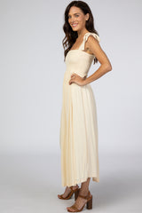 Beige Smocked Tie Strap Midi Dress