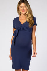 Navy Knit Wrap Fitted Maternity/Nursing Dress