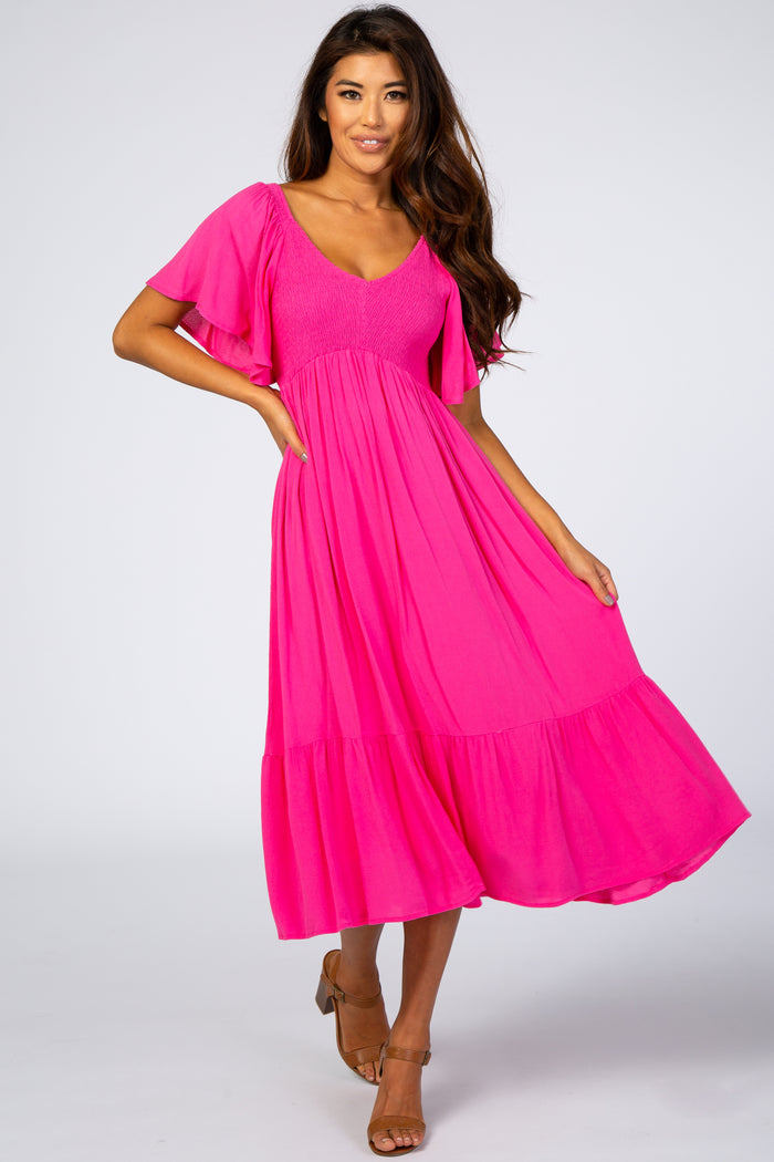 Fuchsia Smocked Ruffle Maternity Dress
