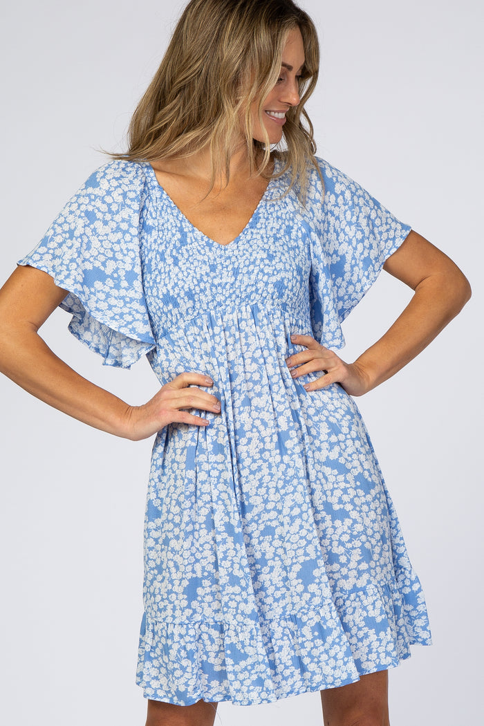 Blue Floral Smocked Ruffle Dress