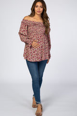 Mauve Floral Off Shoulder Long Sleeve Maternity Top