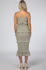 Light Olive Floral Chiffon Smocked Fitted Maternity Midi Dress