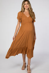 Camel Smocked V-Neck Maternity Midi Dress